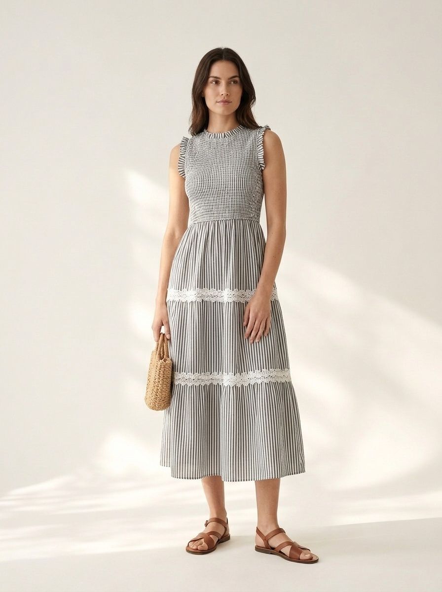 Vestido midi escalonado con fruncido y rayas para mujer