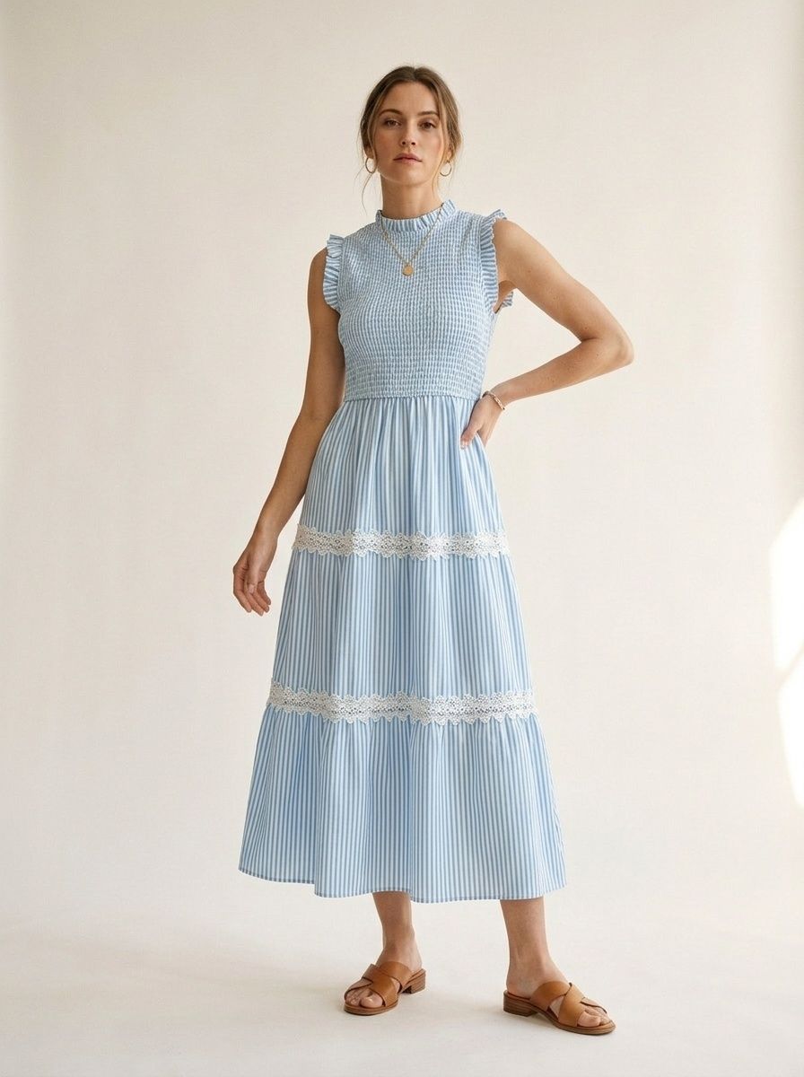 Robe midi à rayures et smocks à volants pour femme