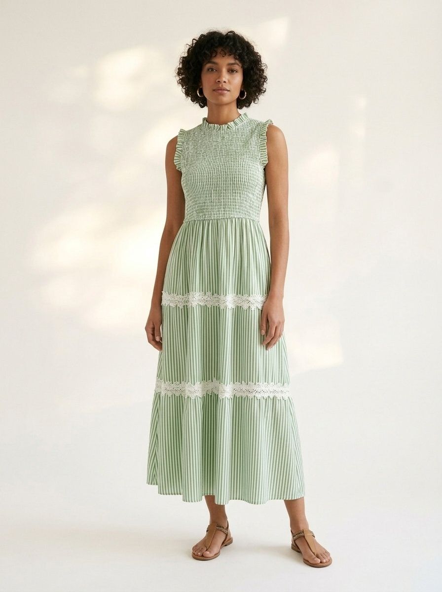 Vestido midi escalonado con fruncido y rayas para mujer