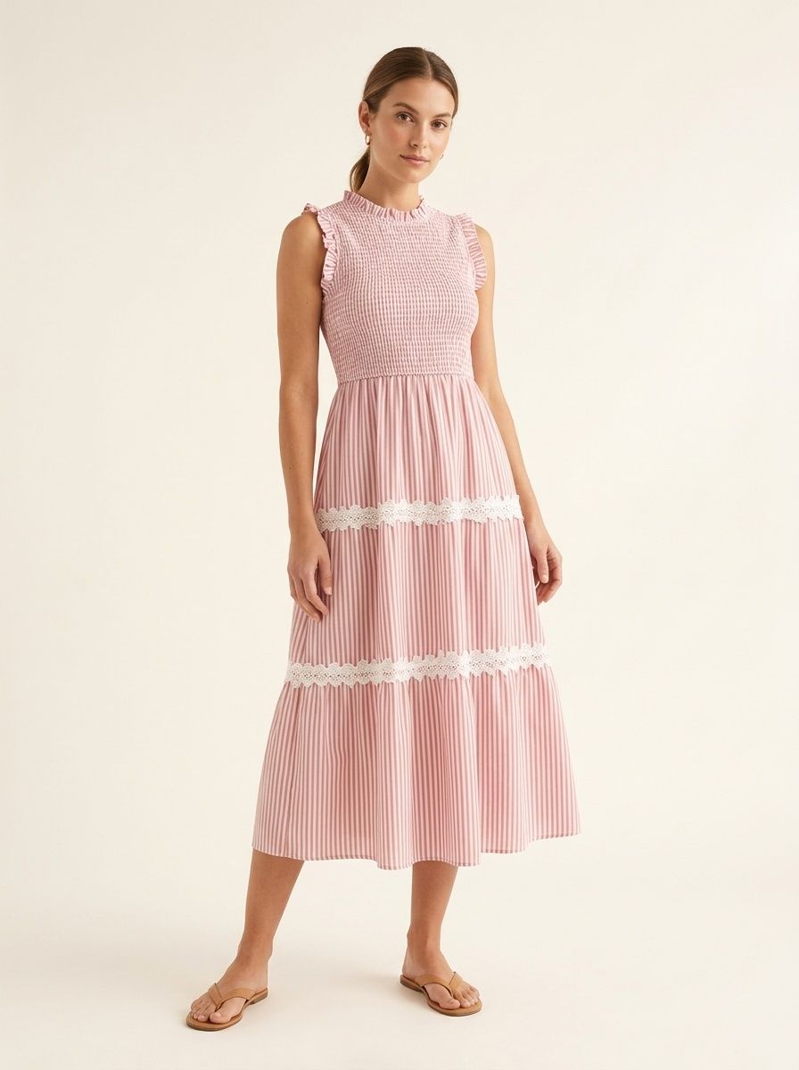 Vestido midi escalonado con fruncido y rayas para mujer