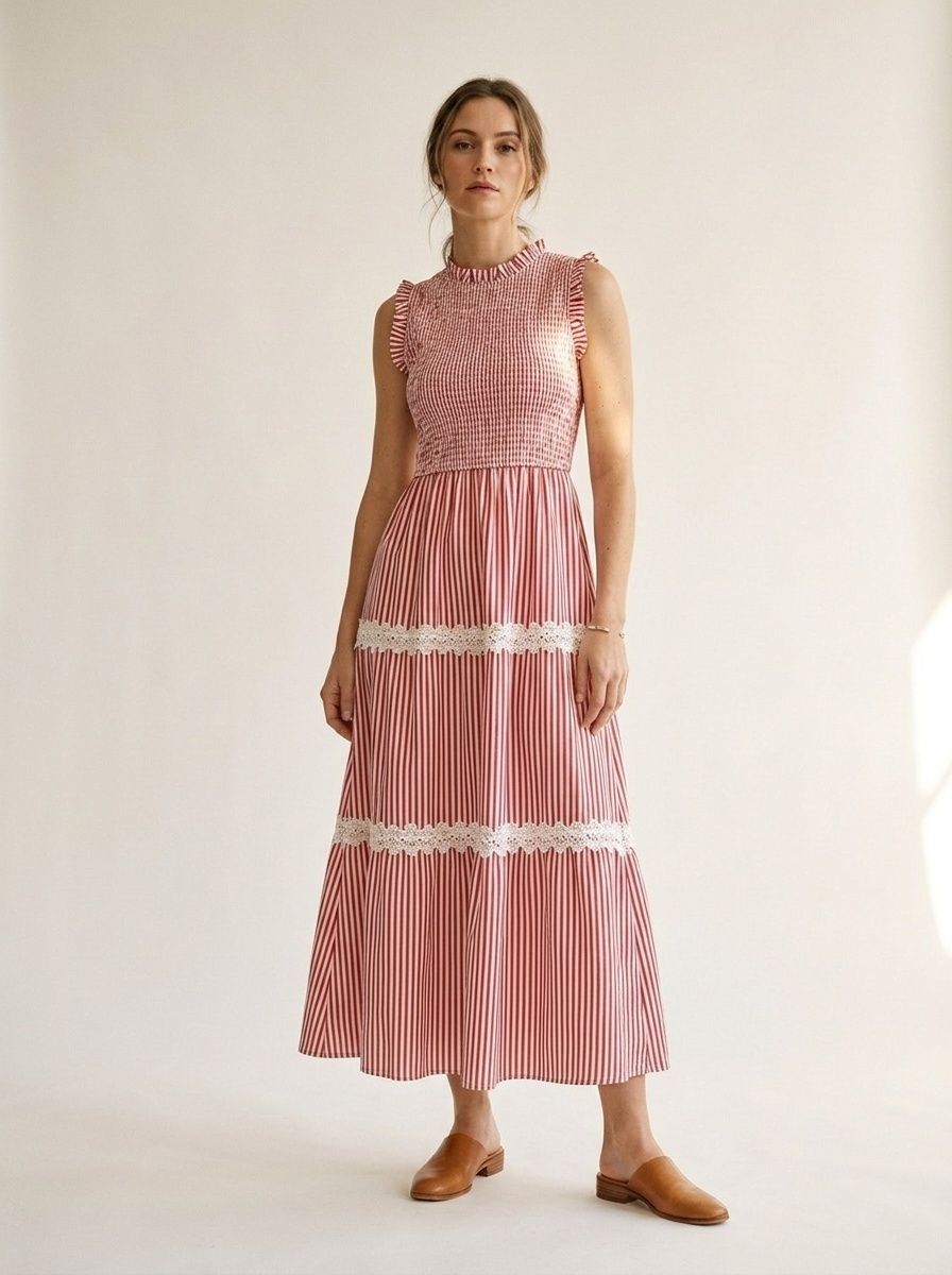 Vestido midi escalonado con fruncido y rayas para mujer