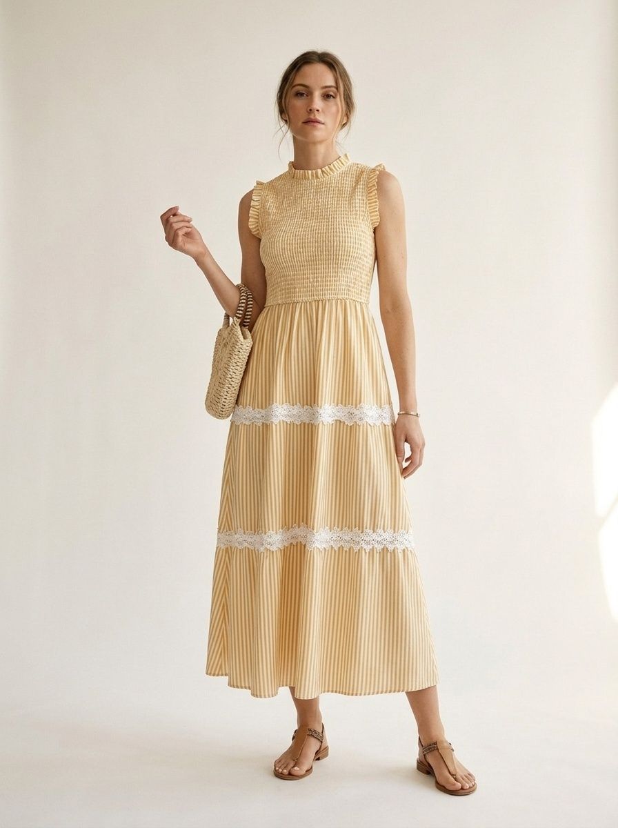 Vestido midi escalonado con fruncido y rayas para mujer