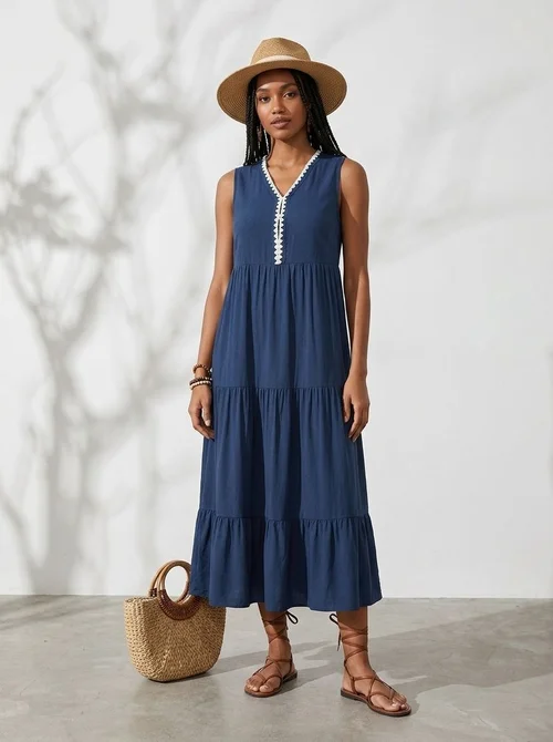 Navy Blue Sleeveless Tiered Midi Dress with Embroidery