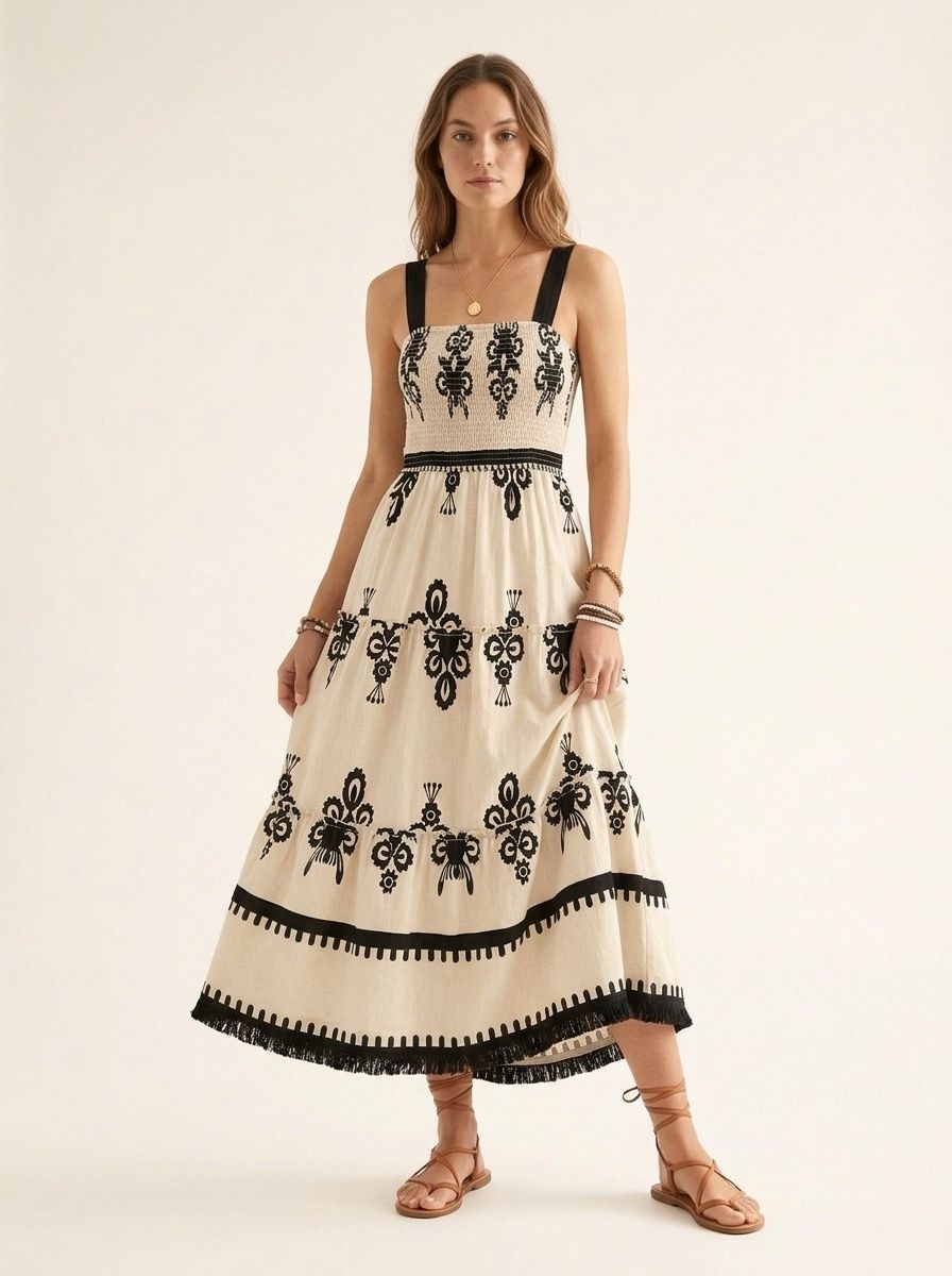 Robe maxi bohème à smocks - Imprimé beige et noir