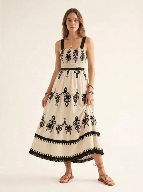 Bohemian Smocked Maxi Dress - Beige Black Print
