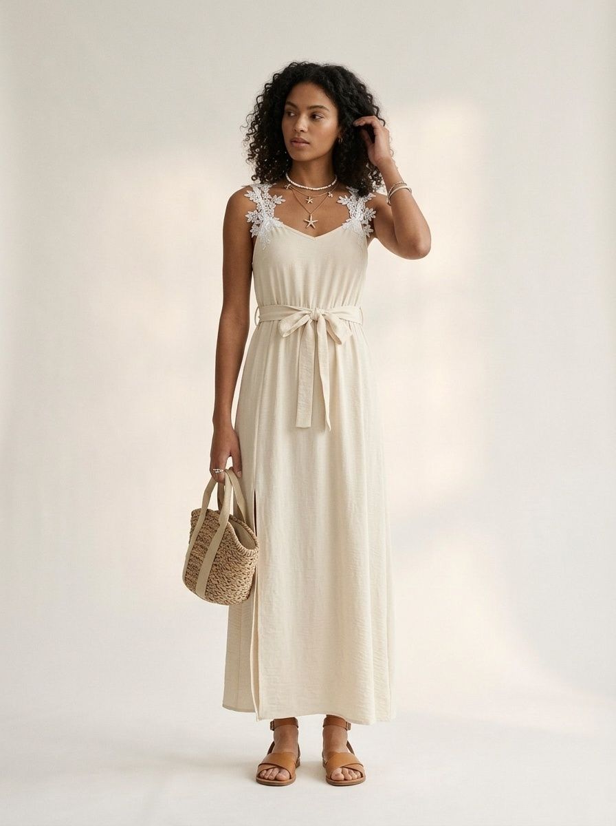 Robe longue à bretelles en dentelle, col en V, taille cintrée et fente