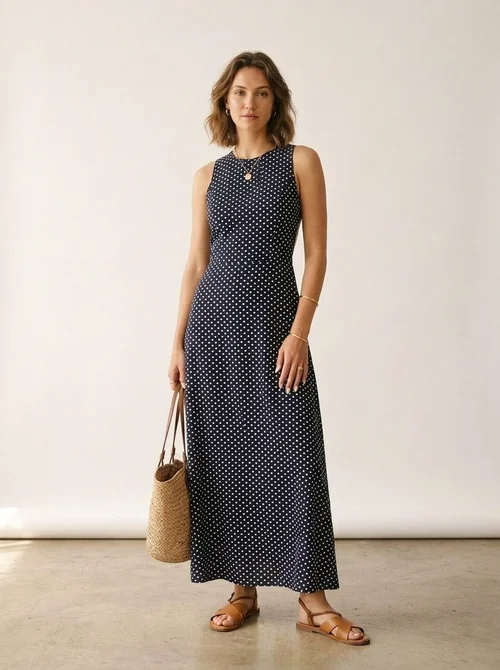 Sleeveless Polka Dot Maxi Dress with Open Back
