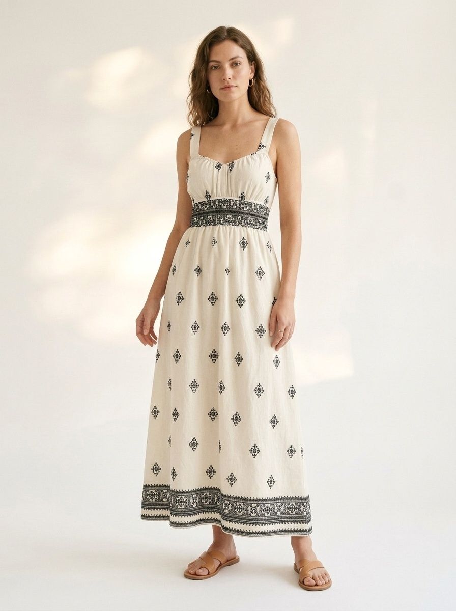Abito midi con stampa boho e vita arricciata - Bianco sporco