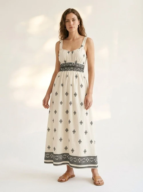 Abito midi con stampa boho e vita arricciata - Bianco sporco