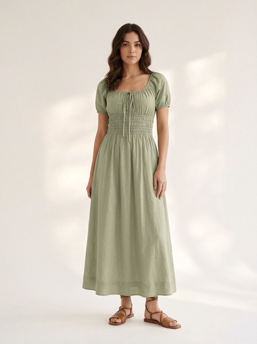 Abito lungo con maniche a sbuffo e scollo quadrato, con arricciature e scollo quadrato.