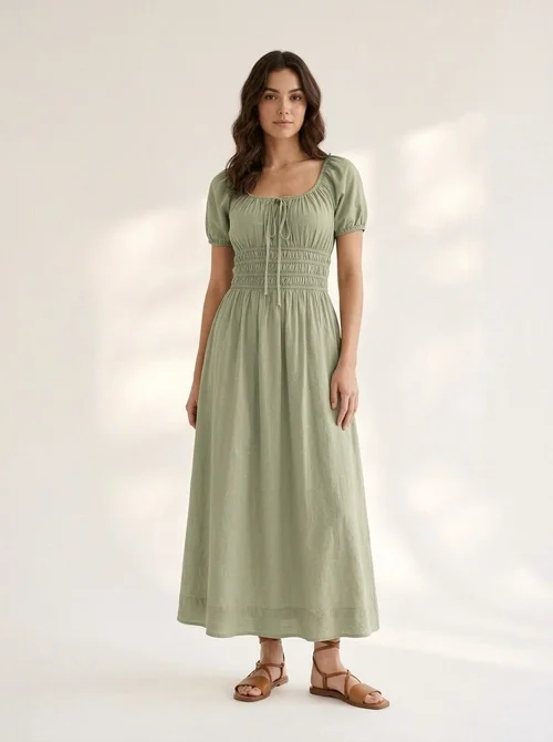 Smocked Puff Sleeve Square Neck Maxi Dress