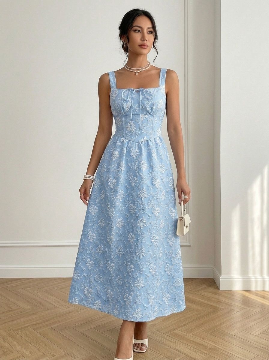 Abito midi azzurro chiaro con scollo quadrato e ricami floreali.