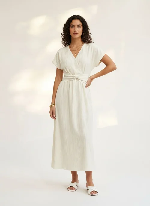 Women's V-Neck Knot Waist Midi Dress - Elegant & Casual