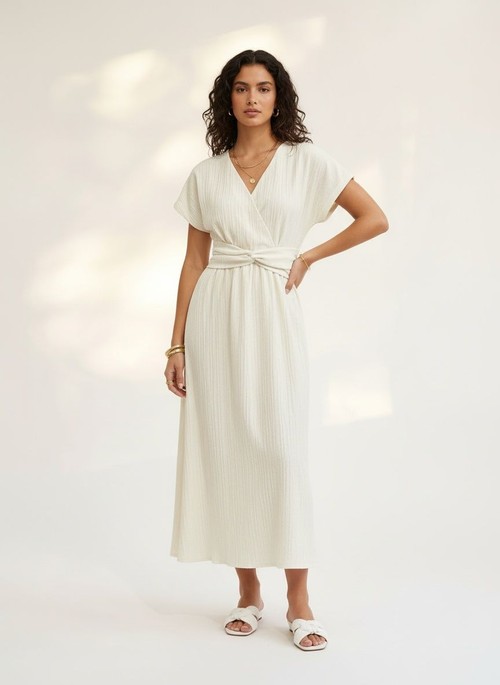 Robe midi à col V et taille nouée pour femme - Élégante et décontractée