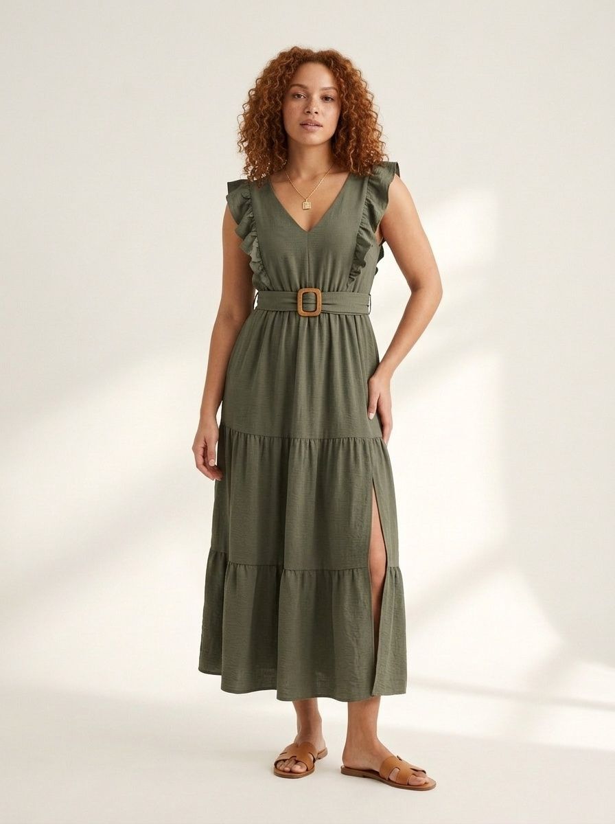 Robe longue à volants, col en V, ceinture et fente - Vert armée