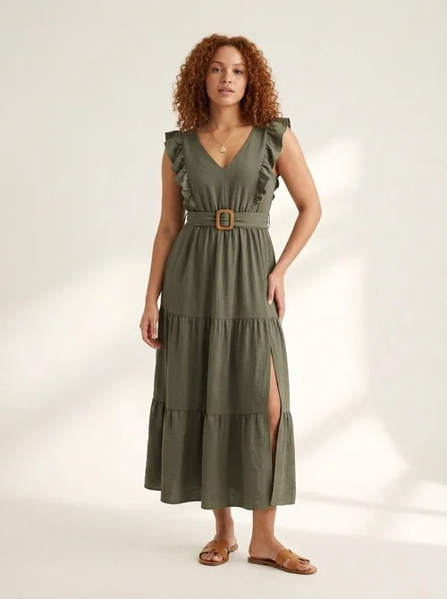 Ruffle V-Neck Belted Maxi Dress with Slit - Army Green