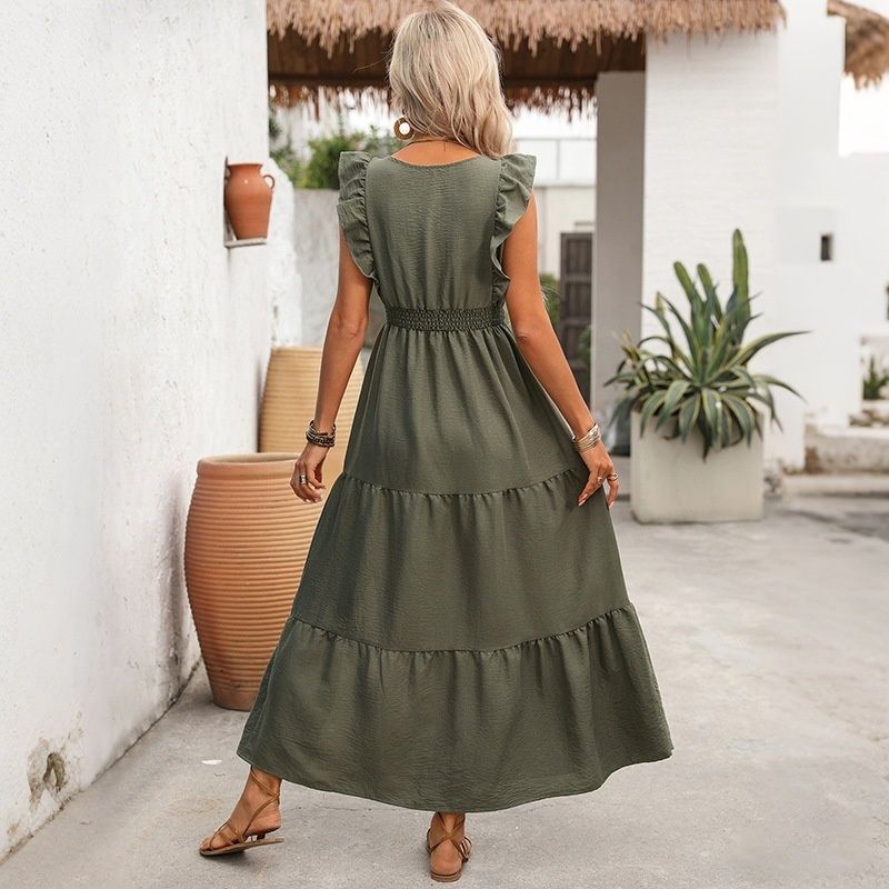 Vestido largo con volantes, escote en V, cinturón y abertura - Verde militar