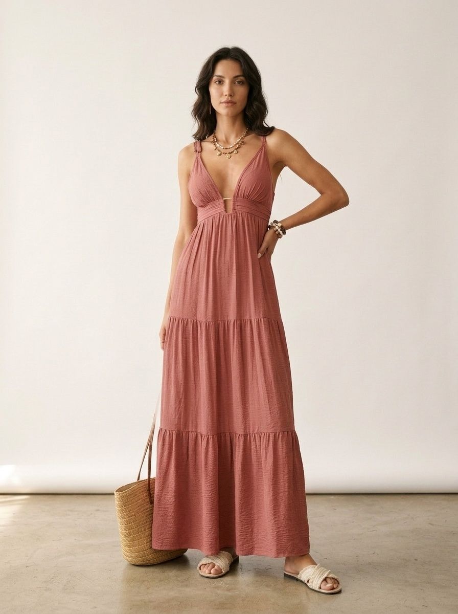 Robe longue à volants et col en V pour femme - Robe d'été idéale pour la plage