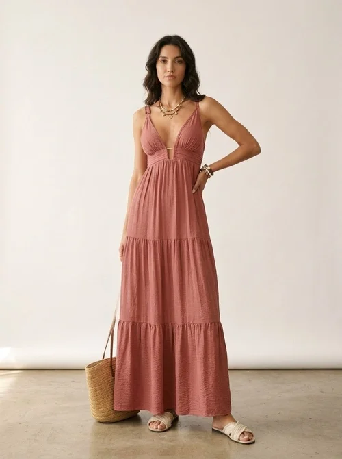 Women's Tiered V-Neck Maxi Dress - Summer Beach Sundress