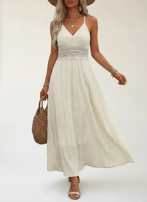 Boho Off-White Lace Crochet V-Neck Maxi Dress