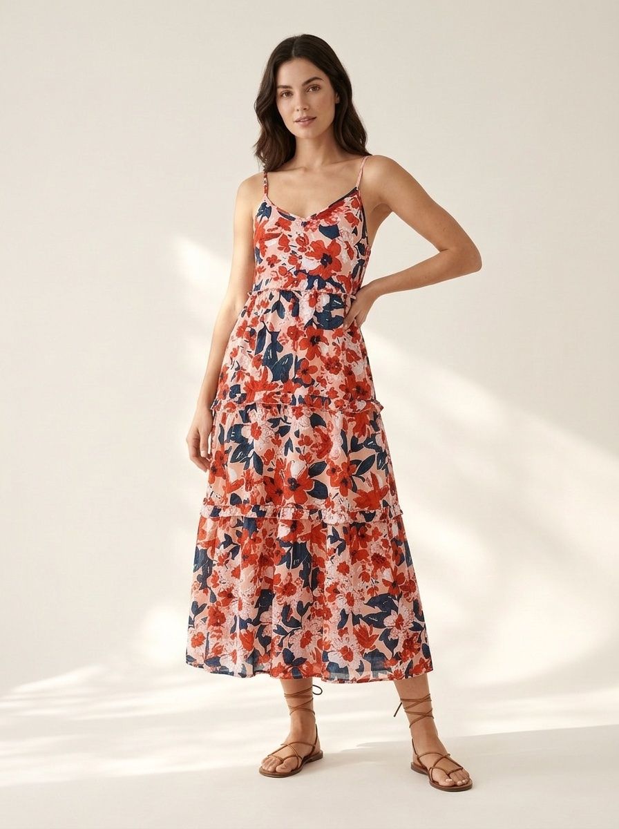 Robe midi fleurie à volants pour femme - Bretelles spaghetti d'été