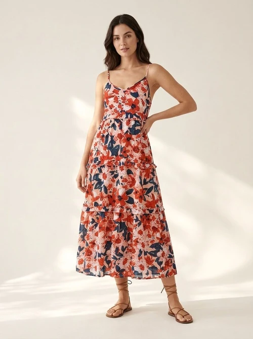 Robe midi fleurie à volants pour femme - Bretelles spaghetti d'été