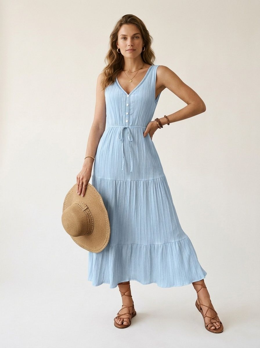 Vestido largo sin mangas con escote en V y volantes