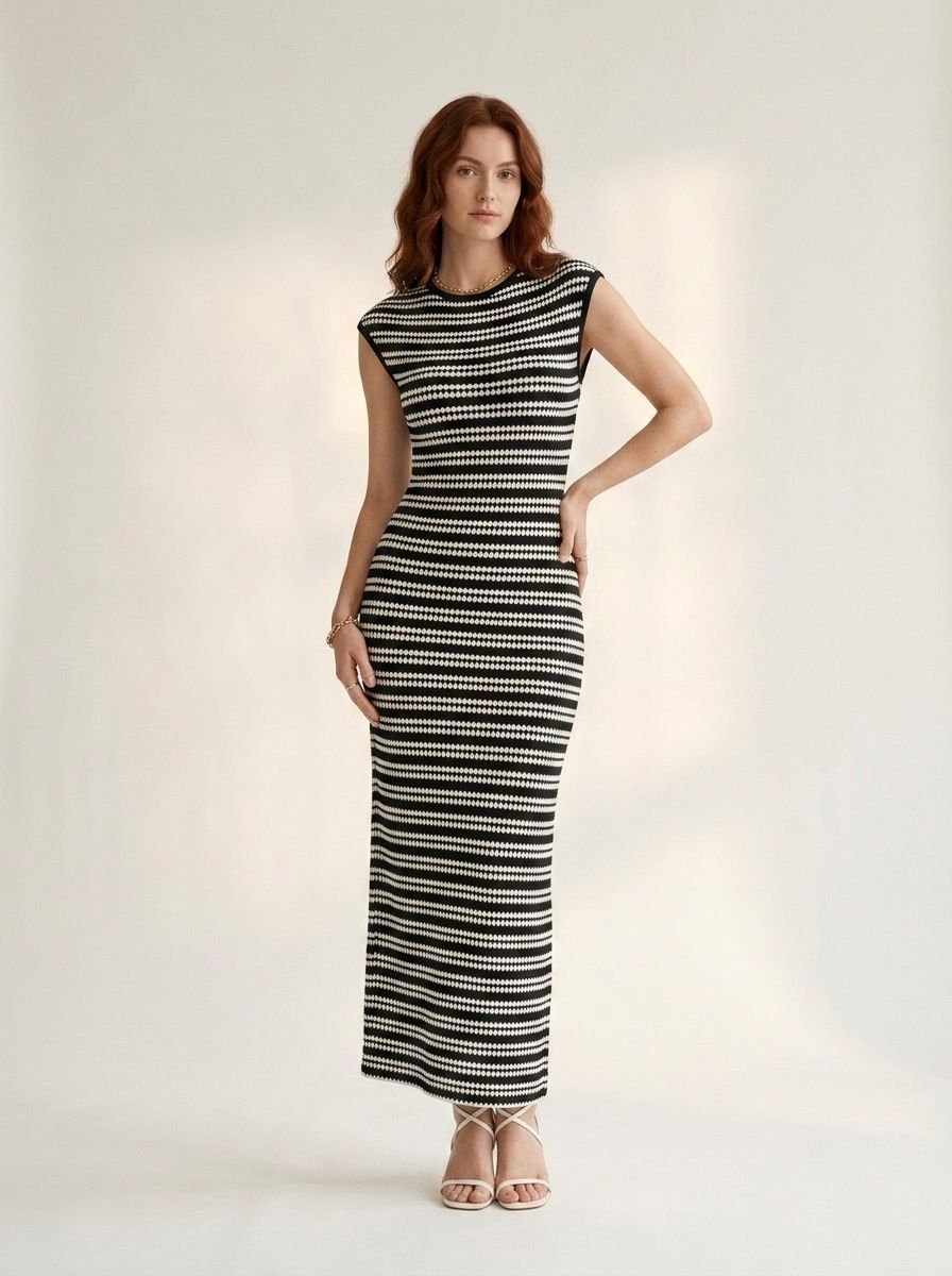 Women's Striped Knit Maxi Dress - Sleeveless Bodycon