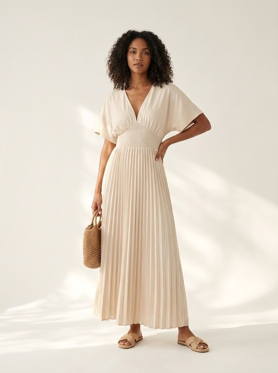 Elegant Pleated V-Neck Maxi Dress with Shirred Waist