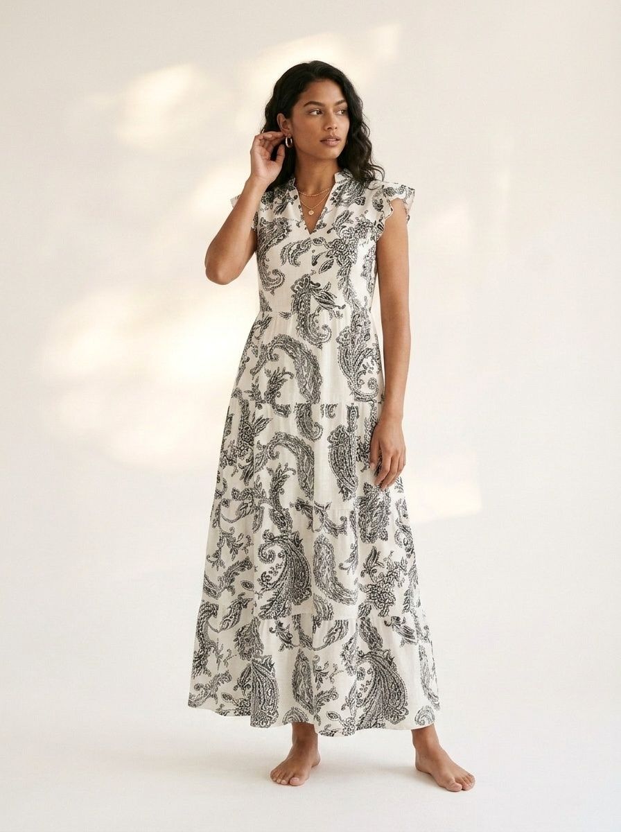 Paisley Print V-Neck Tiered Maxi Dress - Boho Summer Style