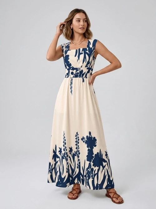 Robe longue sans manches à imprimé floral et col carré pour femme