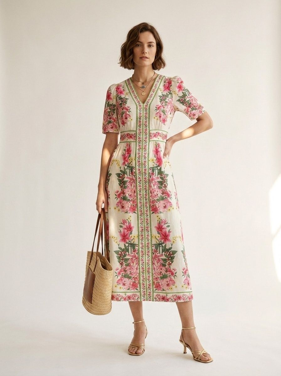 Robe midi élégante à col en V et manches bouffantes, ornée d'un imprimé floral
