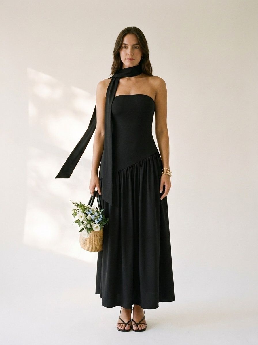 Robe longue noire élégante sans bretelles avec détail foulard