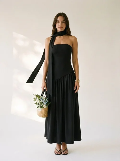 Elegant Black Strapless Maxi Dress with Scarf Detail
