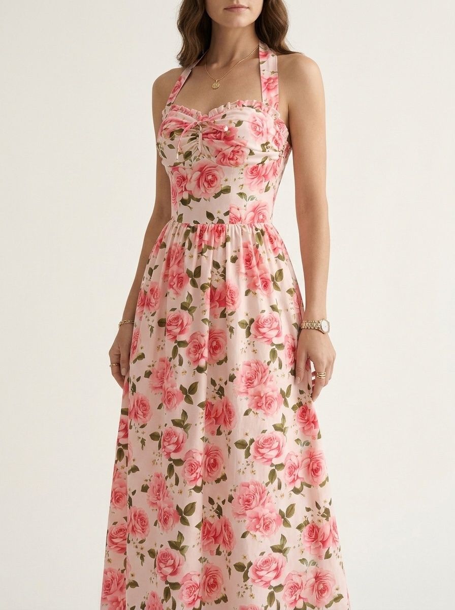 Robe midi dos nu à imprimé floral rose - Rose
