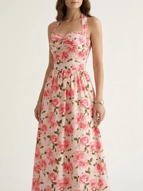 Robe midi dos nu à imprimé floral rose - Rose