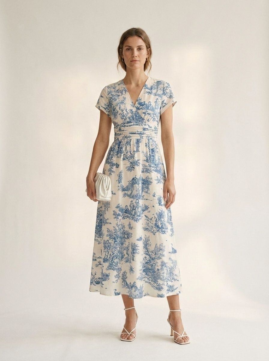Robe midi à imprimé toile, col en V et manches courtes