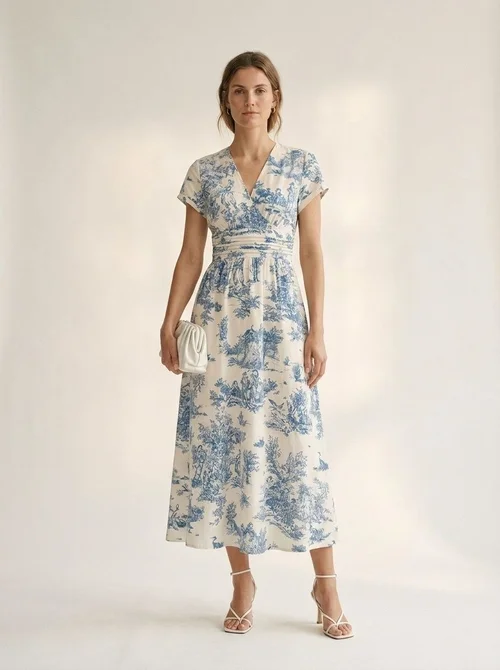 Toile Print V-Neck Midi Dress with Short Sleeves
