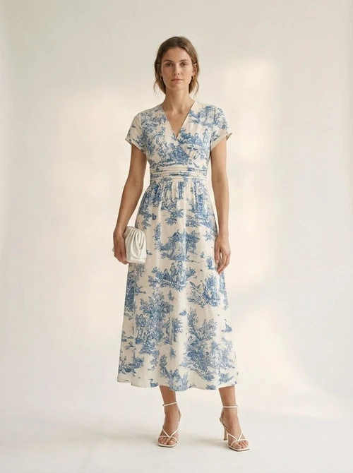Robe midi à imprimé toile, col en V et manches courtes