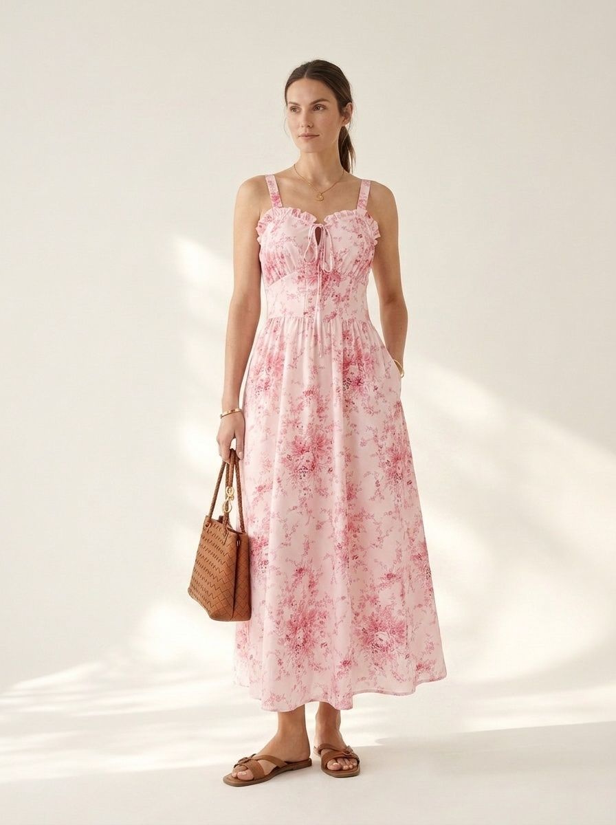Robe midi rose à volants et nœud sur le devant à fleurs