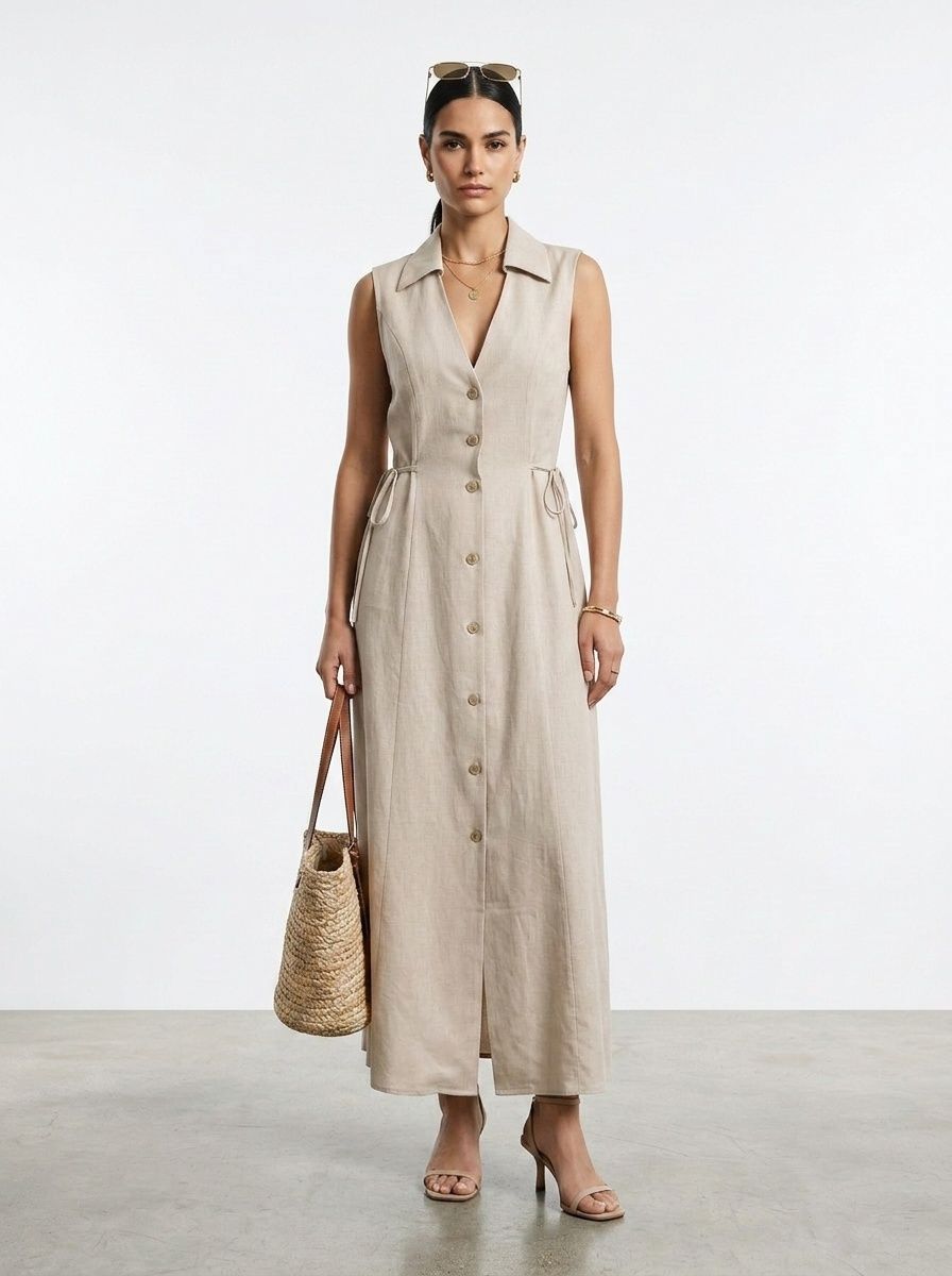 Robe midi sans manches à col boutonné sur le devant et liens
