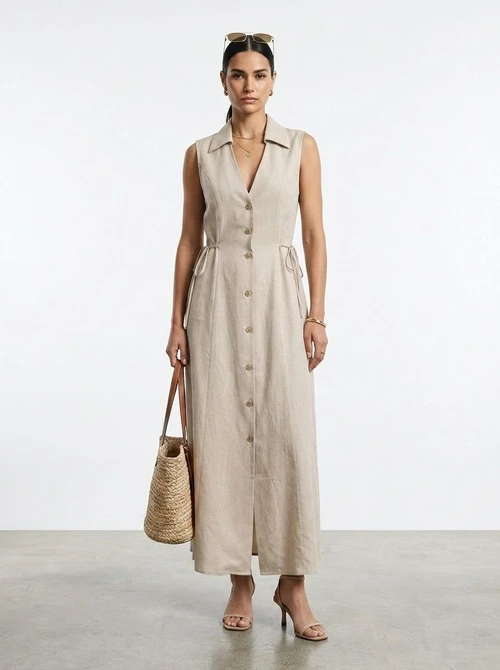 Robe midi sans manches à col boutonné sur le devant et liens