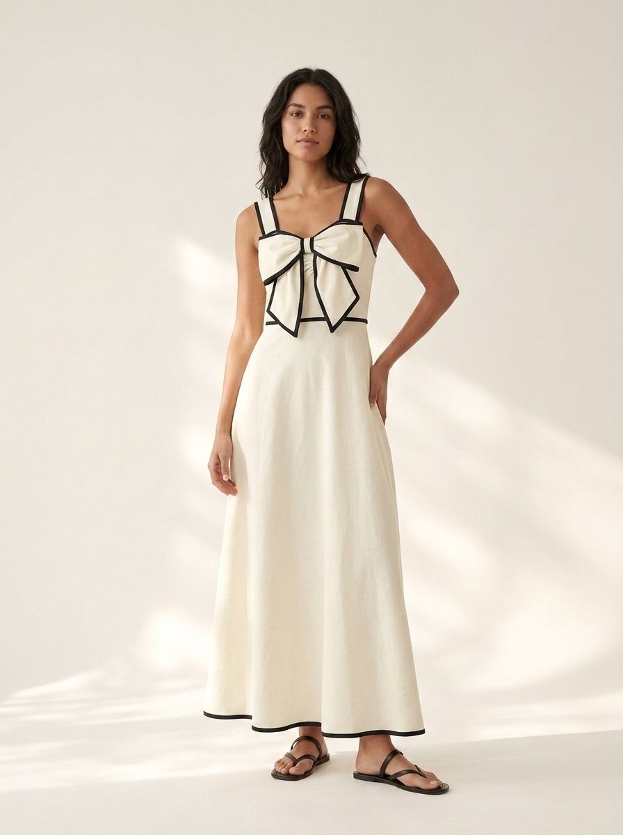 Elegante abito midi con fiocco sul davanti e profili a contrasto.