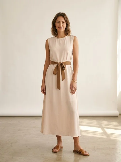 Beiges, ärmelloses Midikleid mit Perlenbesatz und Gürtel