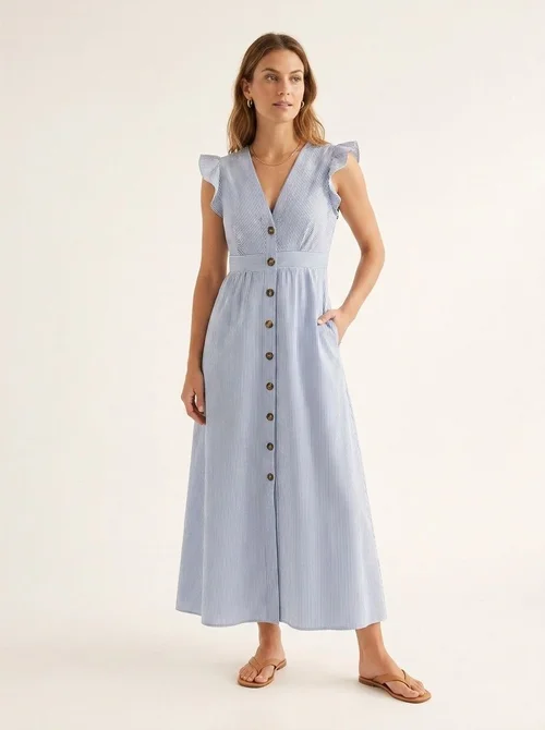 Gestreiftes Maxikleid mit V-Ausschnitt, Rüschenärmeln und Knopfleiste