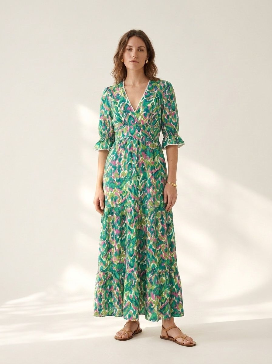 Abito lungo boho con scollo a V e balze - Stampa multicolore