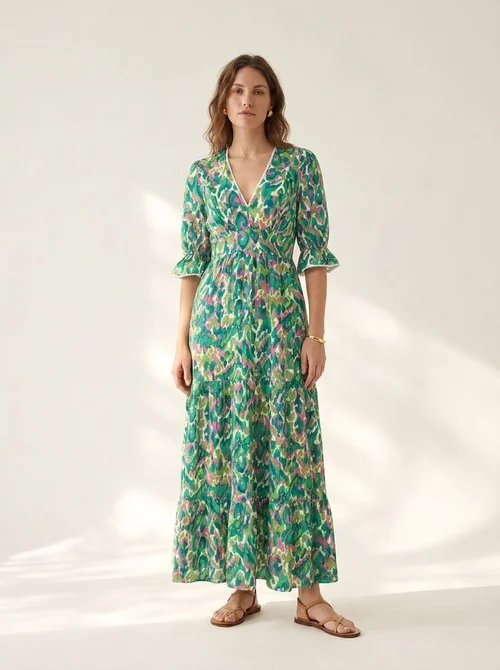 Boho V-Neck Tiered Maxi Dress - Multicolor Print
