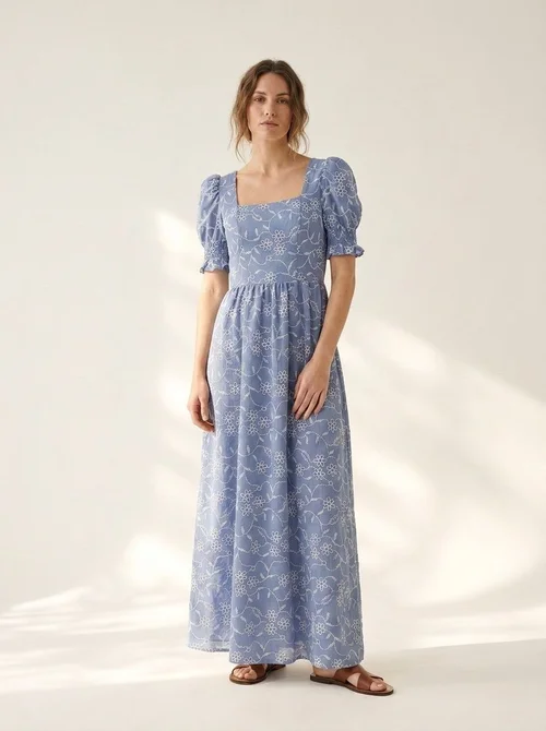 Blue Floral Embroidered Square Neck Puff Sleeve Maxi Dress