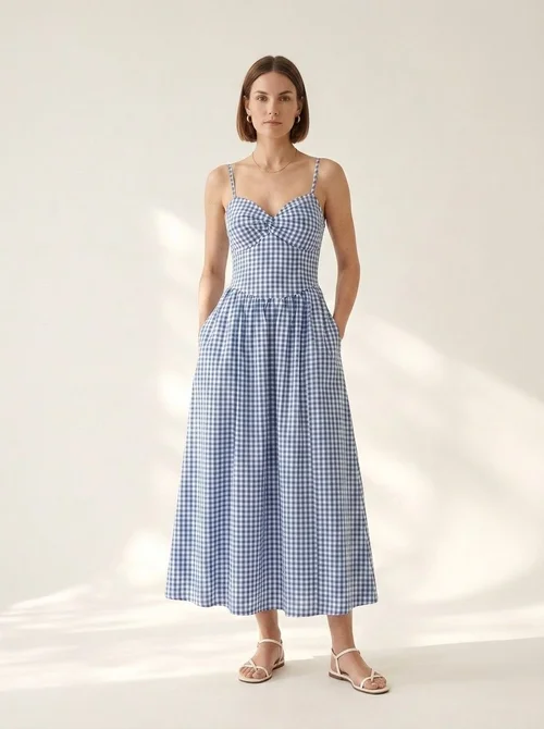 Blue Gingham Spaghetti Strap Sweetheart Neck Midi Dress