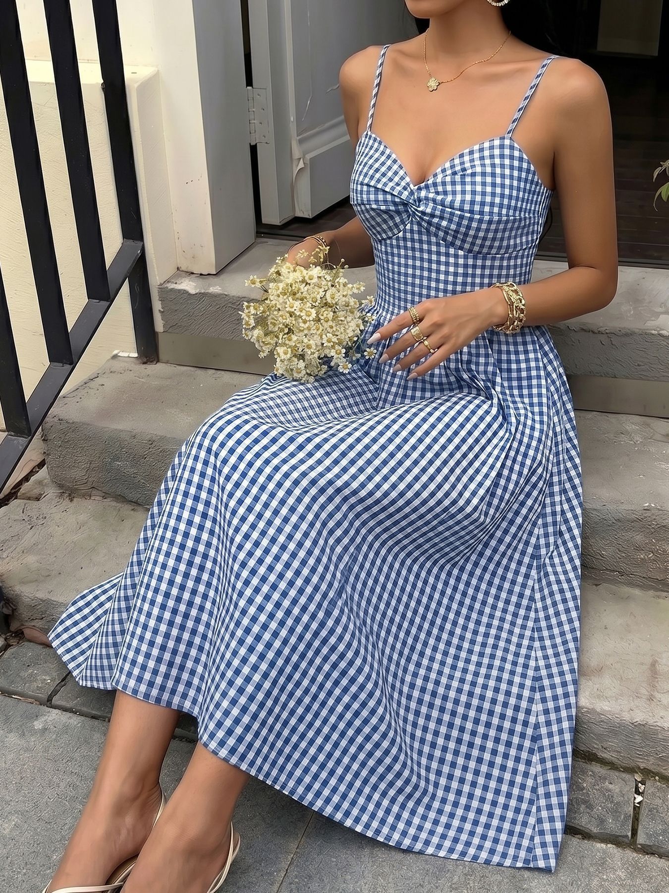 Chic Blue Gingham Midi Dress